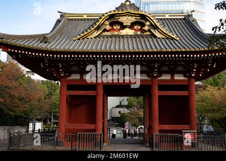 Tokyo, Japon. 10th novembre 2022. Une porte traditionnelle dans Shiba Park à Minato City, Tokyo. Shiba Park a été l'un des premiers parcs publics originaux construits au Japon à l'époque de la restauration Meiji et se trouve à proximité de la Tour de Tokyo, du temple Zojo-ji et de Roppongi. Le Japon a récemment rouvert ses portes au tourisme après plus de deux ans d'interdiction de voyager en raison de la pandémie COVID-19. Le yen s'est considérablement déprécié par rapport au dollar américain, créant des troubles économiques pour le commerce international et l'économie japonaise. Le Japon connaît également un décompte quotidien de plus de 100 000 nouveaux cas de COVID-19 par jour, avec Tokyo faisant u Banque D'Images