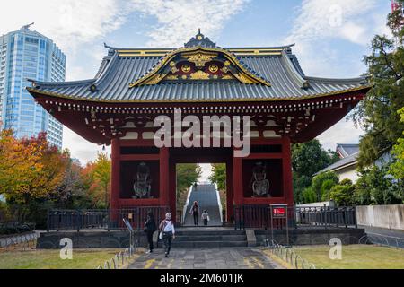 Tokyo, Japon. 10th novembre 2022. Une porte traditionnelle dans Shiba Park à Minato City, Tokyo. Shiba Park a été l'un des premiers parcs publics originaux construits au Japon à l'époque de la restauration Meiji et se trouve à proximité de la Tour de Tokyo, du temple Zojo-ji et de Roppongi. Le Japon a récemment rouvert ses portes au tourisme après plus de deux ans d'interdiction de voyager en raison de la pandémie COVID-19. Le yen s'est considérablement déprécié par rapport au dollar américain, créant des troubles économiques pour le commerce international et l'économie japonaise. Le Japon connaît également un décompte quotidien de plus de 100 000 nouveaux cas de COVID-19 par jour, avec Tokyo faisant u Banque D'Images