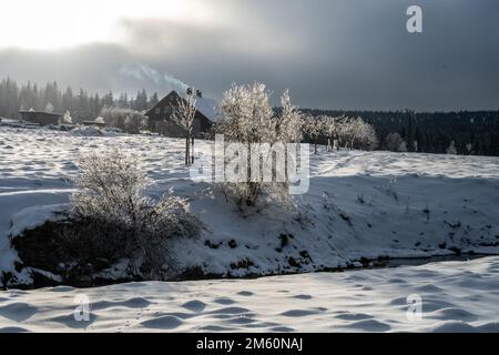 Paysage hivernal des montagnes de Jizera. Prés enneigés et ancienne maison en bois par temps froid d'hiver. Jizerka, République tchèque. Banque D'Images