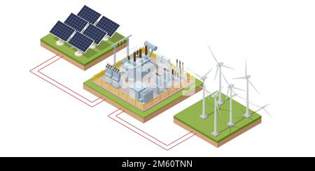 Isométrique industrie de l'énergie verte. Ville intelligente avec des éoliennes, des panneaux solaires, des réservoirs et des batteries. Énergie renouvelable durable éoliennes Illustration de Vecteur