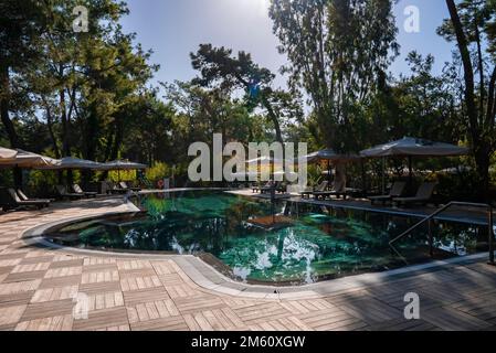 Transats vides avec parasols disposés autour de la piscine du complexe Banque D'Images