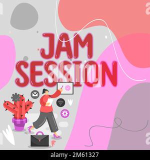 Légende de texte présentant une session Jam. Une représentation impromptue d'une idée d'entreprise par un groupe de musiciens Banque D'Images