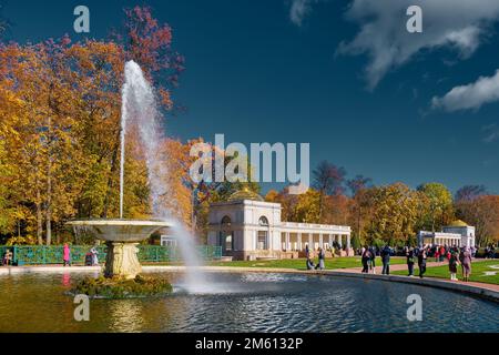 Personnes marchant dans le parc inférieur de Peterhof, dans la fontaine en premier plan du bol italien, paysage d'automne: Peterhof, Russie - 09 octobre, 2022 Banque D'Images