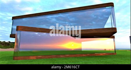 Maison élégante en verre et bois sur un pré vert. Reflet du soleil dans les fenêtres à économie de chaleur. Une bonne bannière pour un magazine sur le réel avancé e Banque D'Images