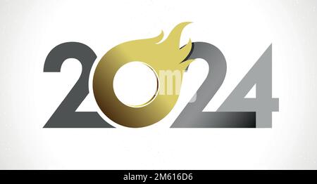 Un bon numéro créatif pour la nouvelle année 2024. Couleur argent et or. Panneau avec des flammes. Conception du titre du calendrier. Icône isolée 20 24. Modèle graphique. Illustration de Vecteur