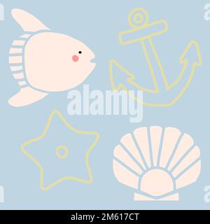 Vecteur de jeu d'animaux sous-marins dessiné à la main Illustration de Vecteur