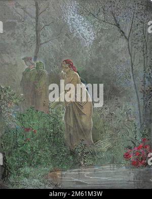 La Divine Comédie de Dante Alighieri , Purgatorio, Canto 27 : rêve de Dante de Léa dans la prairie - par Dante Alighieri (1265-1321) - Illustration de Gustave Dore (1832-1883), 1885 - colorisation originale d'apres l'numérique Banque D'Images