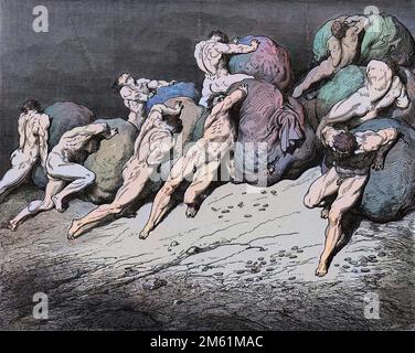 La Divine Comédie de Dante Alighieri , Inferno, Canto 7 : les âmes de l'avaricieux et du prodigue forcé de rouler des pierres lourdes - par Dante Alighieri (1265-1321) - Illustration de Gustave Dore (1832-1883), 1885 - colorisation numérique d'apres l'original Banque D'Images