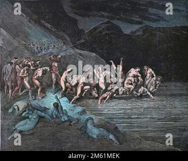 La Divine Comédie de Dante Alighieri , Inferno, Canto 3 : les âmes condamnées qui s'embarquent pour traverser l'Acheron - par Dante Alighieri (1265-1321) - Illustration de Gustave Dore (1832-1883), 1885 - colorisation numérique d'après l'original Banque D'Images