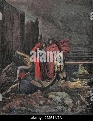 La Divine Comédie de Dante Alighieri , Inferno, Canto 8 : l'âme du Florentin Philippo Argenti (Filippo Argenti) accoste les poètes du Styx - par Dante Alighieri (1265-1321) - Illustration de Gustave Dore (1832-1883), 1885 - colorisation numérique d'apres l'original Banque D'Images