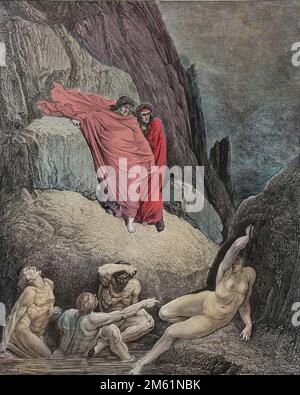 La Divine Comédie de Dante Alighieri , Inferno, Canto 18 : Virgile montre Dante l'ombre de Thais - par Dante Alighieri (1265-1321) - Illustration de Gustave Dore (1832-1883), 1885 - colorisation numérique d'après l'originale Banque D'Images