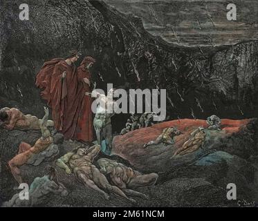 La Divine Comédie de Dante Alighieri , Inferno, Canto 15 : Brunetto Latini accosts Dante - par Dante Alighieri (1265-1321) - Illustration de Gustave Dore (1832-1883), 1885 - colorisation numérique d'après l'original Banque D'Images