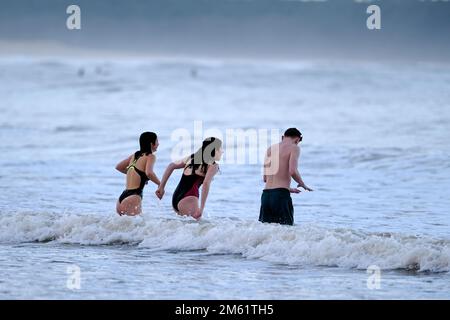 Dunbar, Royaume-Uni. 01st janvier 2023. Nageurs, surfeurs et kayakistes sauvages, jouent dans les vagues déferlantes à Belhaven Bay le dimanche 01 janvier 2023, une augmentation récente de la joie de la natation en eau libre a augmenté la foule sur les livres annuels du jour de l'an, mais ces surfeurs endurcis, ne mouillaient pas pour braver les températures hivernales et les vents off shore. ( Credit: Rob Gray/Alamy Live News Banque D'Images