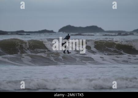 Dunbar, Royaume-Uni. 01st janvier 2023. Nageurs, surfeurs et kayakistes sauvages, jouent dans les vagues déferlantes à Belhaven Bay le dimanche 01 janvier 2023, une augmentation récente de la joie de la natation en eau libre a augmenté la foule sur les livres annuels du jour de l'an, mais ces surfeurs endurcis, ne mouillaient pas pour braver les températures hivernales et les vents off shore. ( Credit: Rob Gray/Alamy Live News Banque D'Images