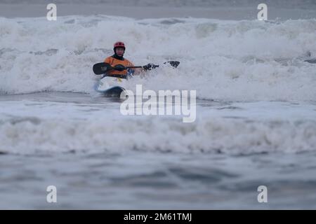 Dunbar, Royaume-Uni. 01st janvier 2023. Nageurs, surfeurs et kayakistes sauvages, jouent dans les vagues déferlantes à Belhaven Bay le dimanche 01 janvier 2023, une augmentation récente de la joie de la natation en eau libre a augmenté la foule sur les livres annuels du jour de l'an, mais ces surfeurs endurcis, ne mouillaient pas pour braver les températures hivernales et les vents off shore. ( Credit: Rob Gray/Alamy Live News Banque D'Images