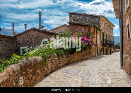 Jolie rue pavée et fleurie dans la ville Majorcan de Fornalutx (Espagne) lors d'un après-midi ensoleillé d'été Banque D'Images