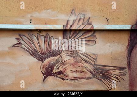 Détail d'une murale représentant un moineau volant par l'artiste de rue Laetitia Cefali sur un mur dans la rue des Moulins, Chamonix, Rhône-Alpes, France Banque D'Images