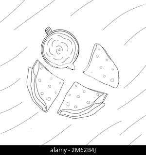 Tortillas de semoule de maïs et sauceboat pliés en triangle sur fond de bois. Dessin au trait Dessiné à la main. Cuisine latino-américaine traditionnelle. Isoler. Art. Ligne Bon pour poster, bannière, menu, prix ou web. EPS Illustration de Vecteur