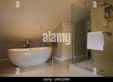 Baignoire autoportante ovale et cabine de douche en verre dans une spacieuse salle de bain attenante dans une maison luxueuse. Banque D'Images