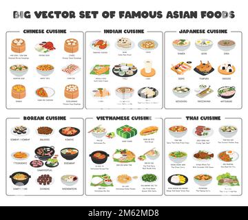 Ensemble de vecteurs alimentaires asiatiques. Grand ensemble de célèbres chinois, vietnamien, indien, japonais, coréen, Illustration vectorielle plate de plats thaïlandais, dessin animé clipart. Nouilles Illustration de Vecteur