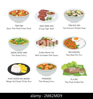 Ensemble de vecteurs alimentaires thaïlandais. Plats célèbres en Thaïlande illustration de vecteur plat, dessin animé de clipart. Tom Yum, Tom Kha Gai, pleurs de bœuf tigre. Vecteur alimentaire asiatique Illustration de Vecteur