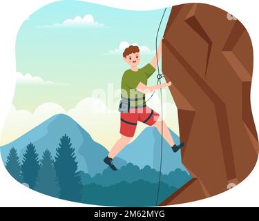 Illustration d'escalade de falaise avec mur de roche de Climber Climber Climber Climb ou falaises de montagne et sport d'activité extrême en dessin animé à la main Illustration de Vecteur