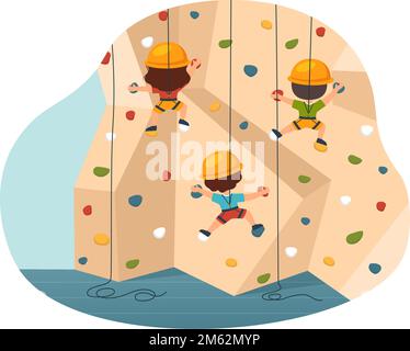 Illustration de l'escalade de falaise avec mur de roche de Climber grimpant pour enfants ou falaises de montagne et sport d'activité extrême en dessin animé à la main Illustration de Vecteur