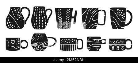 Ensemble tasse mug à imprimé gravure. Différents motifs et formes tendance estampent. Vaisselle en céramique faite, thé café boissons théière presse album. Porcelaine tasses mugs taches, texturées, rayures ornement Illustration de Vecteur