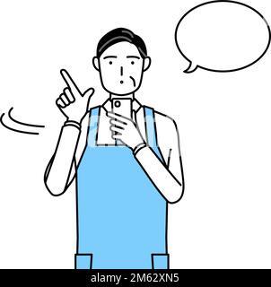Un homme âgé dans un tablier qui utilise un smartphone. Illustration de Vecteur