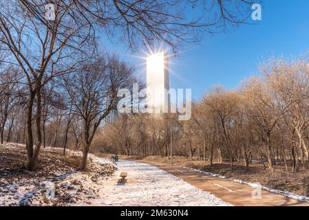 Lumière du soleil provenant du verre teinté d'or du gratte-ciel du bâtiment 63 Square sur l'île de Yeouido à Séoul, en Corée du Sud, le 1 janvier 2023 Banque D'Images