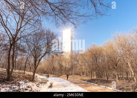 Lumière du soleil provenant du verre teinté d'or du gratte-ciel du bâtiment 63 Square sur l'île de Yeouido à Séoul, en Corée du Sud, le 1 janvier 2023 Banque D'Images