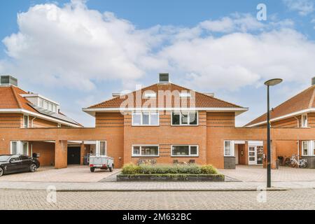 une maison aux pays-bas avec des murs de briques rouges et des garnitures blanches sur les fenêtres, il y a une voiture noire garée à côté Banque D'Images