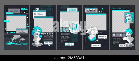 Ensemble de fenêtres logicielles rétro, conception d'applications de médias sociaux pour gadget mobile. Illustration vectorielle d'arrière-plans groovy de style 90s avec statues anciennes psychédéliques, vieux curseur, boutons et cadres png Illustration de Vecteur