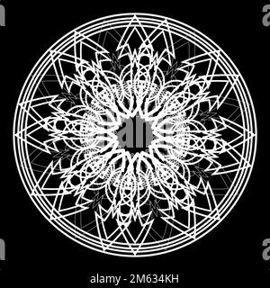 Un mandala noir et blanc complexe présente des motifs géométriques complexes d'étoiles rayonnant symétriquement à partir d'un cercle blanc central. Banque D'Images