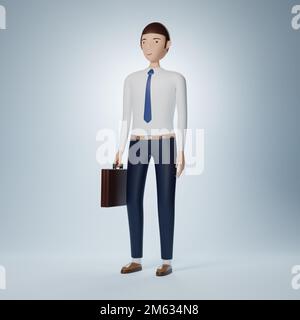 Homme d'affaires personnage de dessin animé debout et tenant une mallette isolée sur fond bleu clair. 3d rendu Banque D'Images