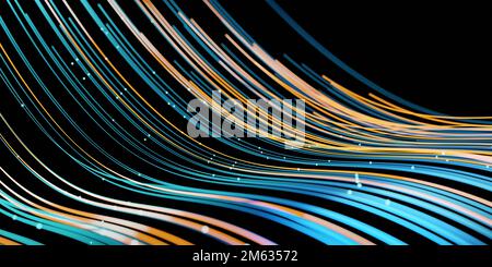 Les lignes ondulées retracent les lignes dynamiques en bleu et jaune isolées sur fond noir. IA technologie, science, numérique et concept de communication. 3 Banque D'Images