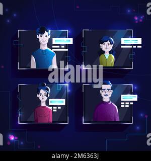 Les gens modernes avatars dans des vêtements décontractés, ensemble vector dessin animé illustration. Hommes et femmes avec des visages et des cheveux individuels, dans un cadre numérique clair sur fond d'ordinateur bleu foncé, image pour le profil web Illustration de Vecteur