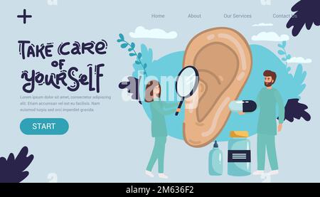 Les médecins vérifient la santé de l'oreille, de l'organe auditif. Examen médical, test et traitement de l'oreille, otolaryngologie. ENT vérifie la perte auditive. Bacille Vector Flat Illustration de Vecteur