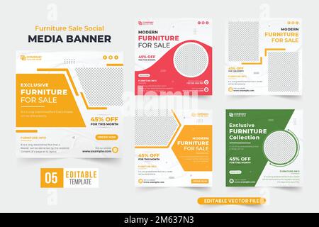 Vente de meubles exclusifs sur les réseaux sociaux avec des formes créatives. Collection d'affiches promotionnelles pour les entreprises de meubles pour le marketing. Vente de meubles Illustration de Vecteur