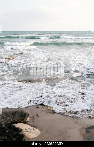 Vagues de mer mousseuse se déroulant près d'une plage de sable humide couverte d'algues le jour de la tempête en Sicile, Italie Banque D'Images