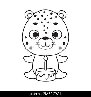 Page de coloriage mignon petit guépard avec gâteau d'anniversaire. Livre de coloriage pour enfants. Activité éducative pour les enfants d'âge préscolaire et les tout-petits avec des mignons ani Illustration de Vecteur