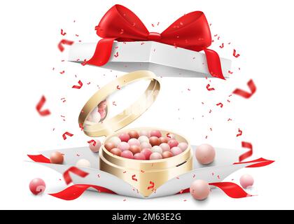 Boules de rougissement, boules de poudre en boîte ronde à l'intérieur d'une boîte-cadeau ouverte, isolées sur fond blanc. Boîte cadeau blanche avec cosmétiques. Cadeau, cadeau, conc. Surprise Illustration de Vecteur