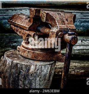 Old rusty vice debout sur une souche d'arbre dans l'arrière-cour Banque D'Images