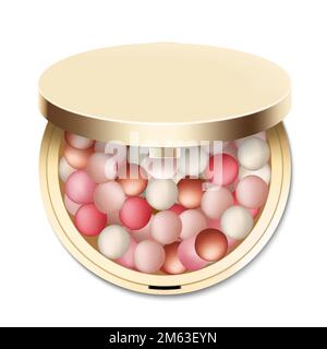 Boules de rougissement, boules de poudre dans un boîtier en or rond avec miroir, ballons de rougissement colorés, illustration réaliste de 3D vecteurs, isolé sur fond blanc. Déc Illustration de Vecteur