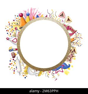 Modèle de message d'accueil avec symboles Purim, confetti, masques, serpentin, feux d'artifice. Cadre doré rond pour les publications de blogs, invitations, cartes et prospectus sur les réseaux sociaux Banque D'Images