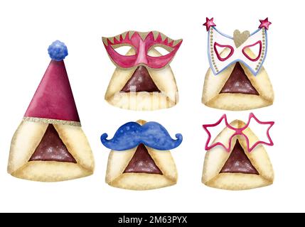 Drôle Purim cookies design pour les vacances juives avec des masques, chapeau de fête et des accessoires traditionnels aquarelle illustration isolée sur fond blanc Banque D'Images