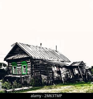 Une vieille ruine branlante journal résidentiel maison en bois. Banque D'Images