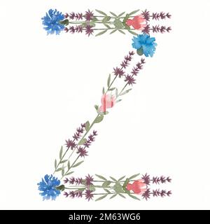 Aquarelle Monogramme floral lettre Z. alphabet ABC dessiné à la main. Caractères génériques. Banque D'Images