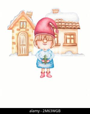 Carte de noël et maisons d'hiver à motif gnome du nouvel an. Ensemble d'illustrations aquarelles isolées sur fond blanc. Mignon gnome, arbre de noël. Banque D'Images