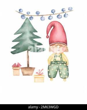 Carte de noël à motif gnome de nouvel an et cadeaux d'hiver près de l'arbre de noël. Ensemble d'illustrations aquarelles isolées sur fond blanc. Mignon gnome. Banque D'Images